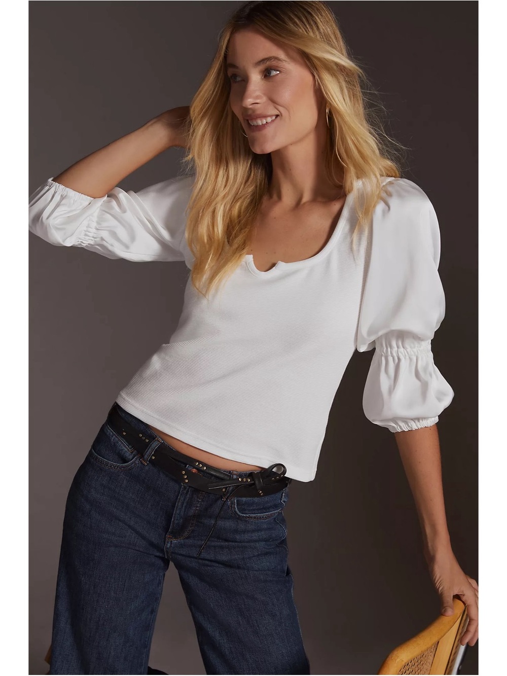 NWT Anthropologie Maeve Ribbed Tiered Sleeve Top White Small Petite 3/4 Sleeve